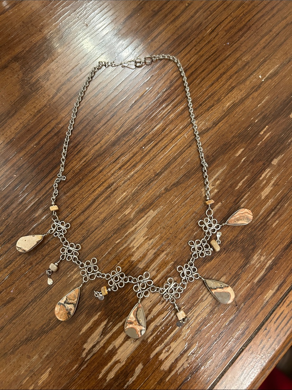 Silver-Tone Teardrop Pendant Statement Necklace with Beige Marbled Accents